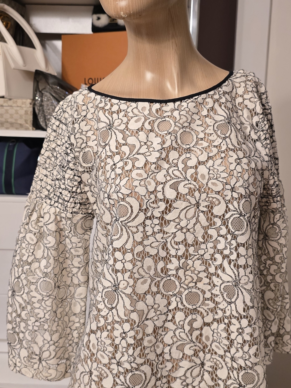 LOFT White Lace Blouse with Black Trim Size S